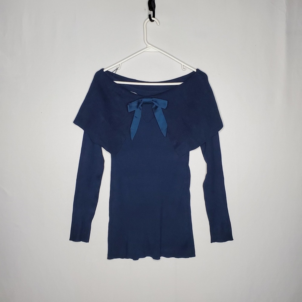WHBM Ribbed Shawl Collar Satin Bow Back Sweater Women S Teal Retro 00s Romantic